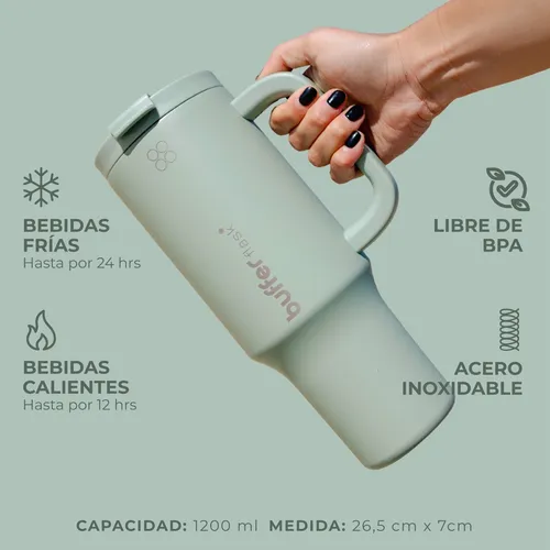 Vaso Termo Termico Buffer 1,2l Manija + Bombilla Acero Inox Sage Green