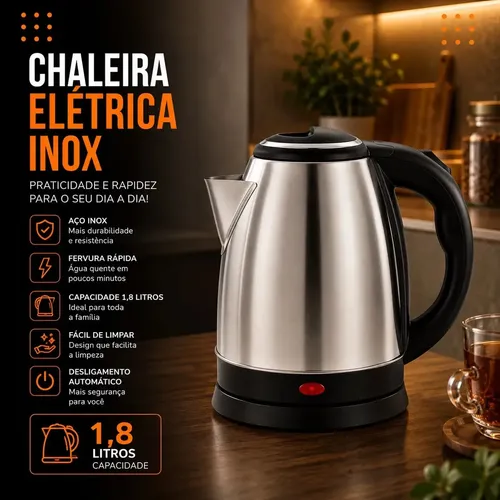 Chaleira Jarra Elétrica 1,8l Litros Em Inox Desligamento Automático Aquecimento Rápido…