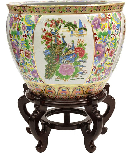 Red Lantern 14  Satsuma Birds & Flowers Porcelain Fishbowl P