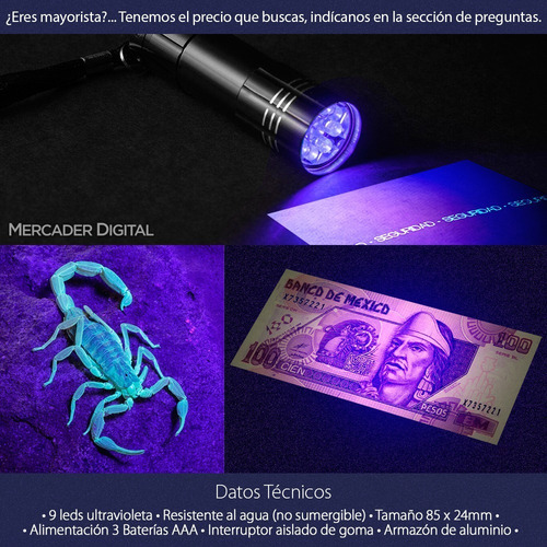 3 Pzs Linterna Uv Luz Negra Ultravioleta Lámpara 9 Leds