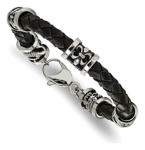 Stainless Steel Polished Antiqued Fleur Lis Dragon Blk