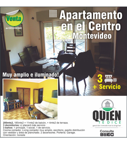 Apartamento Centro 3 Dormitorios Más Servicio, Frente Al Gaucho, 200mts2, Muy Amplio E Iluminado