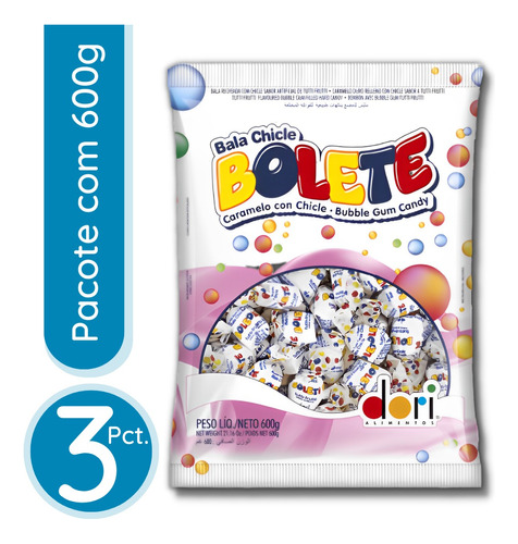 Bala Chiclete Bolete Tutti Frutti Dori 600g - 3 Sacos