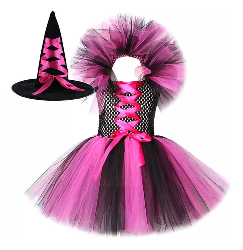 Disfraz Niñas Halloween Vestido Traje  Bruja Con Sombrero 