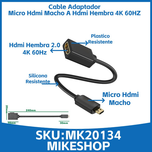 Cable Adaptador Micro Hdmi Macho A Hdmi Para Pi 4 Gopro