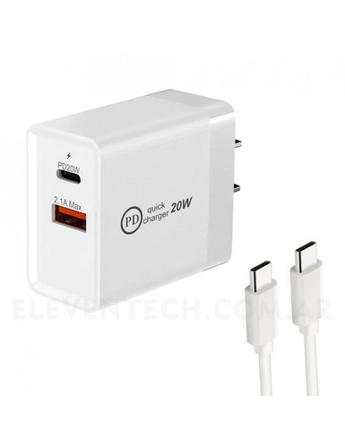 Enchufe Cargador Carga Rapida 20w Usb 3.0 2.1 A + Usb C Pd Color Blanco