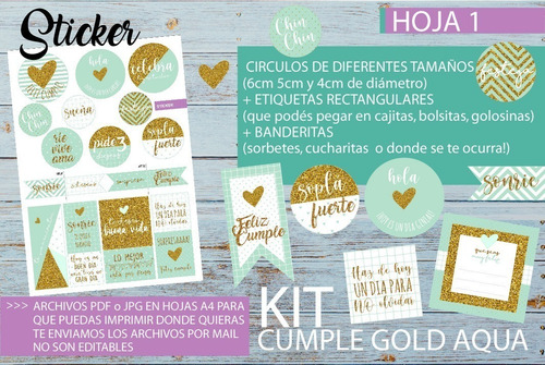 Kit Imprimible Desayuno Cumple Dorado Agua Mujer Amiga