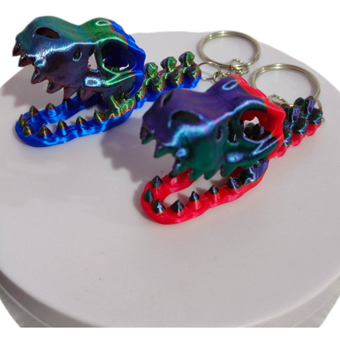 2 Llaveros Cabezas Dinosaurio T-rex Articulada Fiesta Color Set Rojo-azul