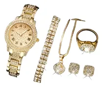Comprar Reloj Cuarzo Dorado + Collar + Pulsera + Anillo + Aretes