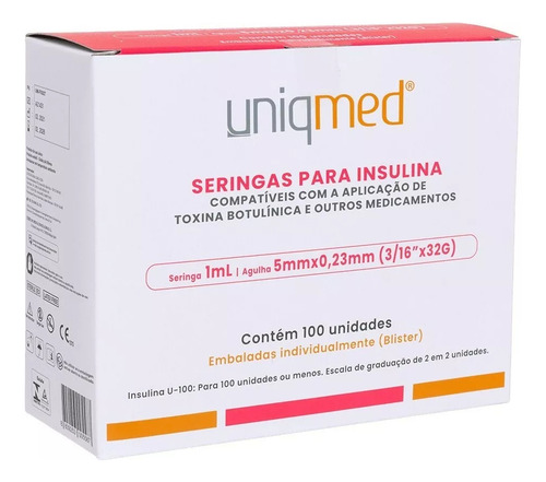 Seringa P/ Insulina 1ml (100ui) Agulha 5x0,23mm 32g Uniqmed Capacidade Em Volume 1 Ml