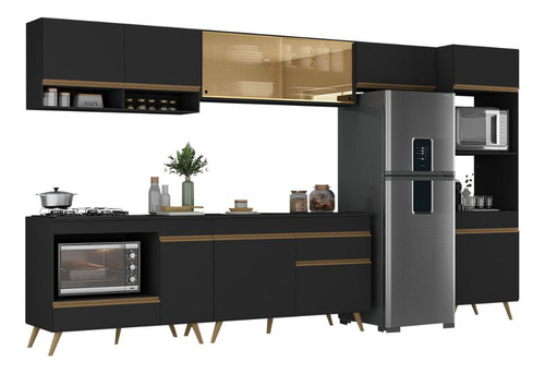 Armário de Cozinha Modulada Completa 357cm com Balcão para Cooktop Veneza Multimóveis MP2274 Cor Preto/dourado