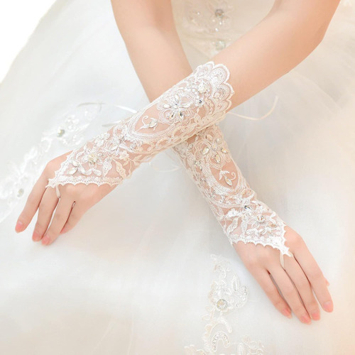 Guantes De Encaje Para Boda, Sin Dedos, Con Diamantes De Imi