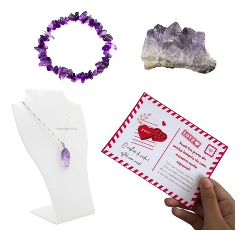 Kit Cartão Amor + Pedra Bruta Pulseira E Colar Ametista