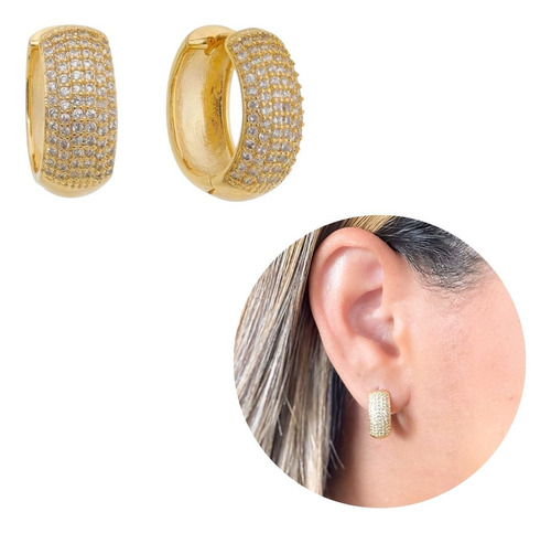 Brinco Argola Oval Giro Semijoias 24179 6 Filas Cravejado Folheado Feminino Em Ouro 18k - Oro