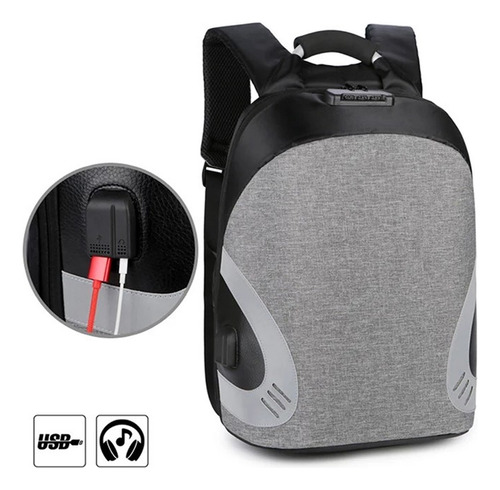 Mochila Con Usb Urbana Anti-robo Porta Notebook Color Gris Diseño de la tela Liso