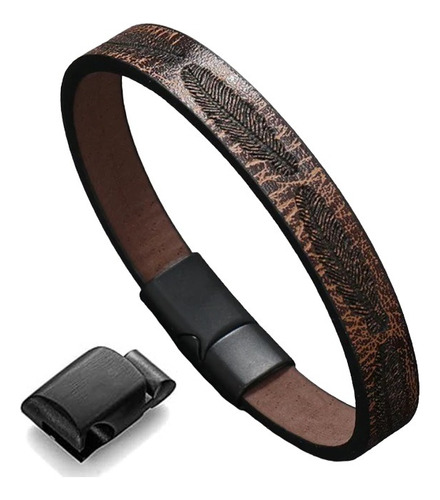 Manilla Pulsera Para Hombre Cuero Plumas Broche Magnético Color Marrón Oscuro Diámetro 6.5   Largo 22