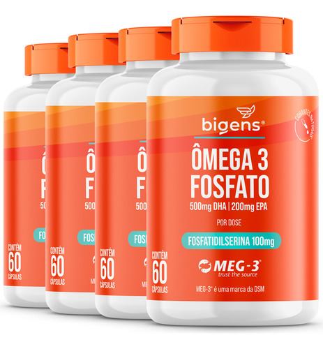 4x Ômega 3 Fosfato: 500mg Dha + 200mg Epa + 100mg De Fosfatidilserina | Meg-3® | Cérebro E Memória | 240 Cáps - Bigens