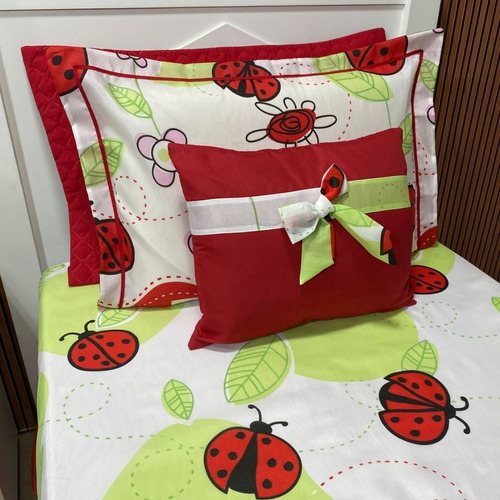 Kit Cobre Leito Solteiro Sem Matelar 3 Peças Estampado Cor Vermelho Joaninha