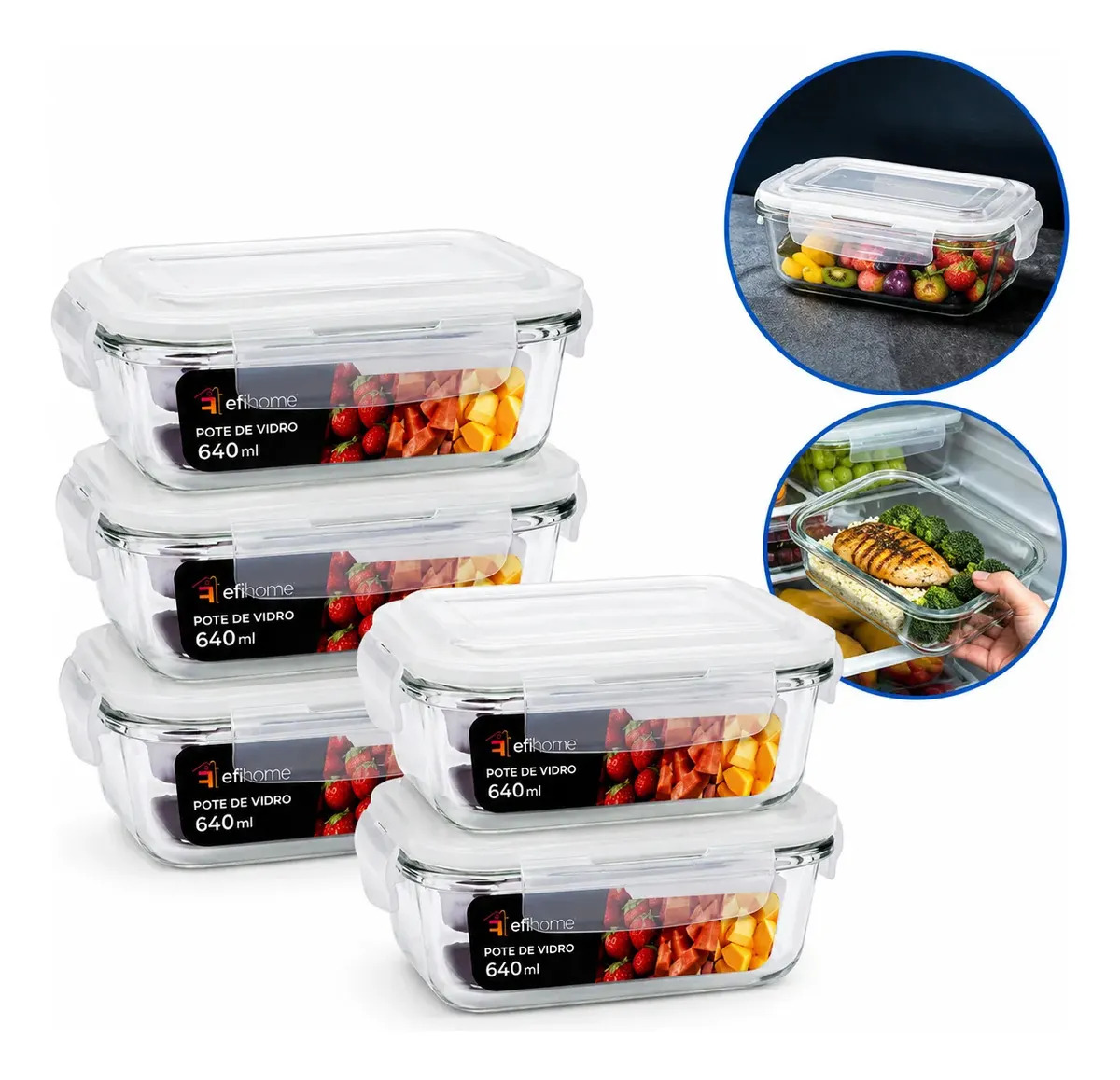 Conjunto 5 Potes Vidro Hermético Marmita Mantimentos 640ml