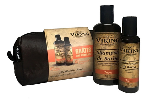 Kit Para Barba Com Necessaire Exclusiva + Shampoo 200ml Limpa E Perfuma + Condicionador 120ml Hidrata - Terra - Viking