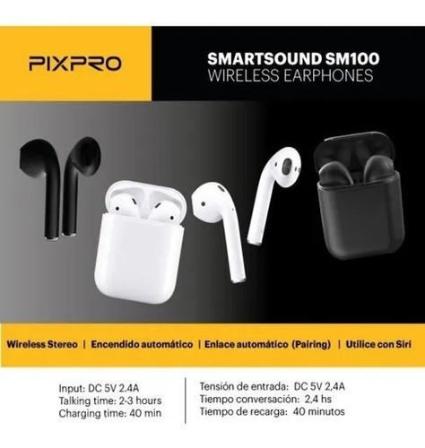 Auriculares Inalambricos Pixpro Sm100 Estuche Cargador Negro