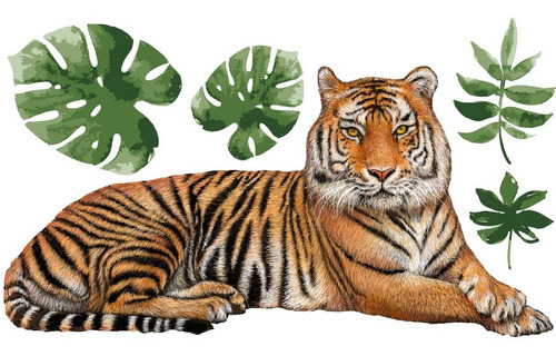 Vinilo Decorativo Tigre -18 Hojas Acuarela ( Animales ) Color Multicolor