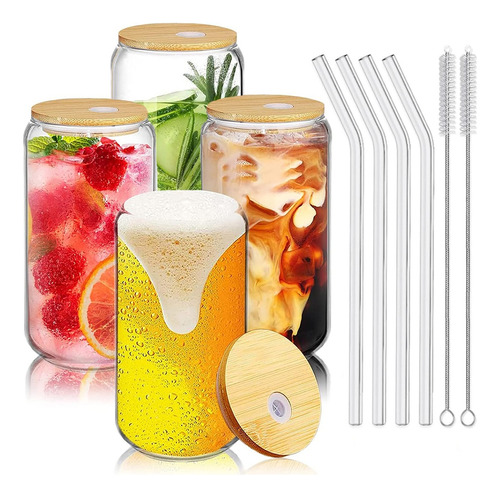 Vasos De Cristal Con Tapas De Bambú Y Pajitas 500ml 4 Pcs 