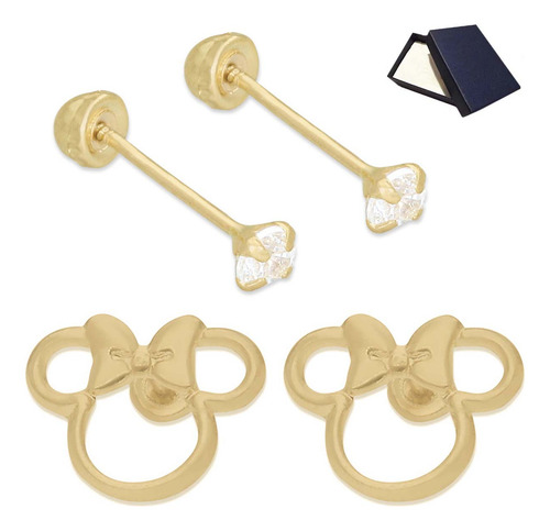 Aretes Broqueles Oro 10k Raton Moño Mujer Bebe Niña 2 Pares Dos Pares Broqueles Piercing Perforación Mujer Dama Niña Broquel Basicos Bebe Niña Mujer Aretes Oro 10k Oro Puro 10k