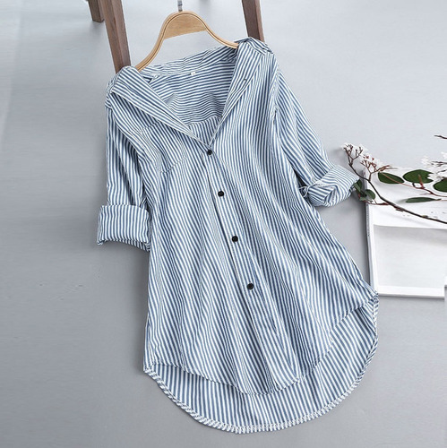 Blusas Con Botones Y Cuello Vuelto De Manga Larga A Rayas