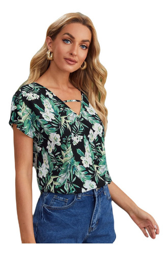 Top Blusa Con Estampado Tropical De Cuello Con Abertura 