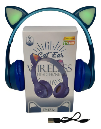 Auriculares inalámbricos Cat Ear P47m Kitten con LED RGB de color azul y luz blanca