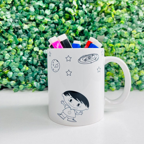 Caneca Luna Personalizada Para Pintar + 5 Canetas De Cor Branco