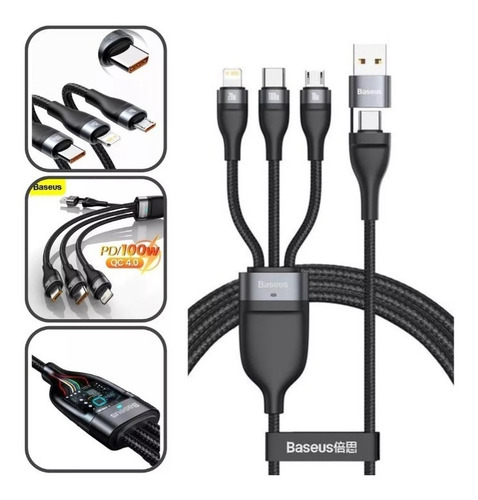 Cable Microcargador Baseus 3 En 1 Usb-c P C Lightning De 100 W, Color Negro