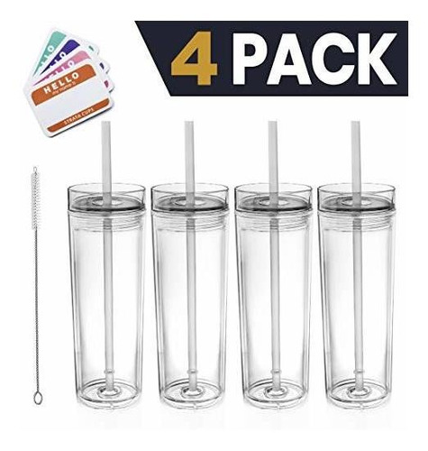 4 Vasos De Acrilico Con Tapas Y Pajitas Piel De Plastico D