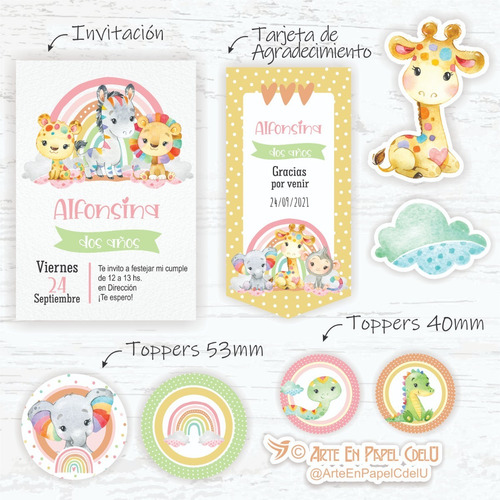 Imagen 2 de 5 de Kit Imprimible Cumple Candybar Animales Nena Texto Editable