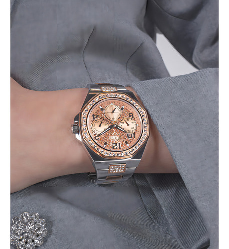 Reloj Pulsera Guess Gw0777l3 Con Correa De Acero Inoxidable Color Bitono - Fondo Oro Rosa