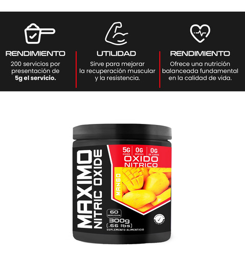 Óxido Nítrico Pre Entreno Maximo Protein 300g 60 Servs Mango