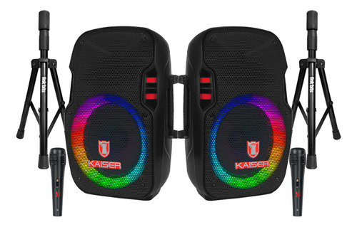 Sistema Par De Bafles 8 Bluetooth Luz Led Recargable+tripies Negro