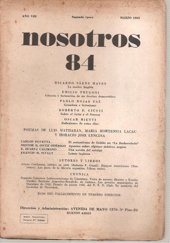 Revista Nosotros Nº 84 Segunda Epoca Marzo 1943