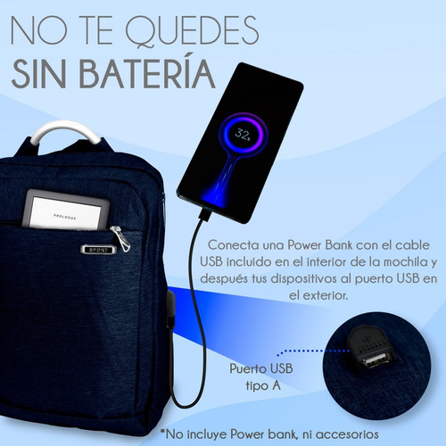 Mochila Impermeable Laptop Puerto Usb Escolar Portátil Viaje Color Azul marino Diseño de la tela Liso