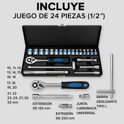 Set Juego Dados 24 Piezas Chicharra 1/2 Manivela Extensiones