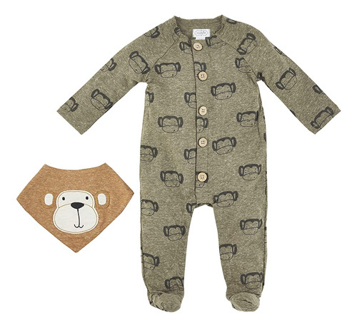 Mud Pie Baby Boy's Monkey Sleeper And Bib Set, Verde, 3-6 Me