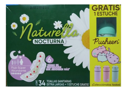 34 Toallas Naturella Nocturna Extra Largas + Estuche Pusheen