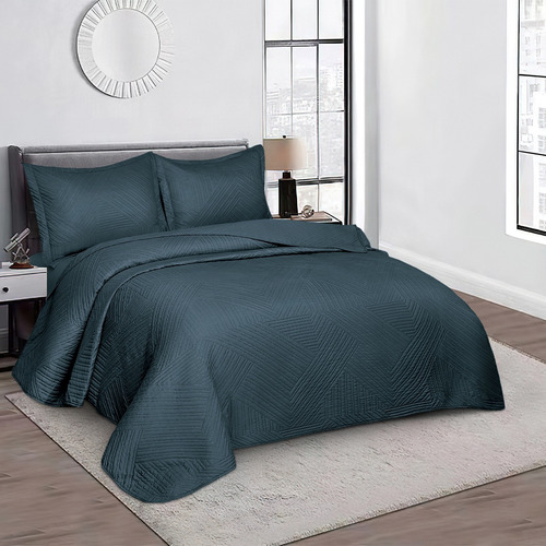 Kit Colcha Cobre Leito Casal Virtuos 3 Peças Camesa Azul-marinho Lisa