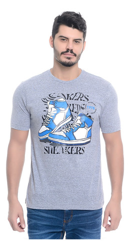 Camiseta Estampada Sneakers Masculina Manga Curta Cinza