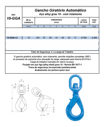 04un. Gancho Giratório Automático Grau 10 13mm 6700kg
