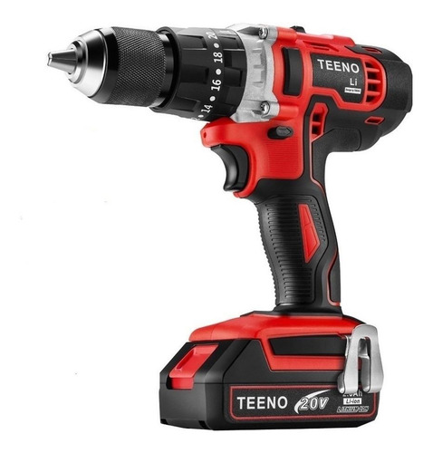 Imagen 1 de 1 de Taladro eléctrico percutor y destornillador Teeno 916 inalámbrico 1650rpm rojo 20V