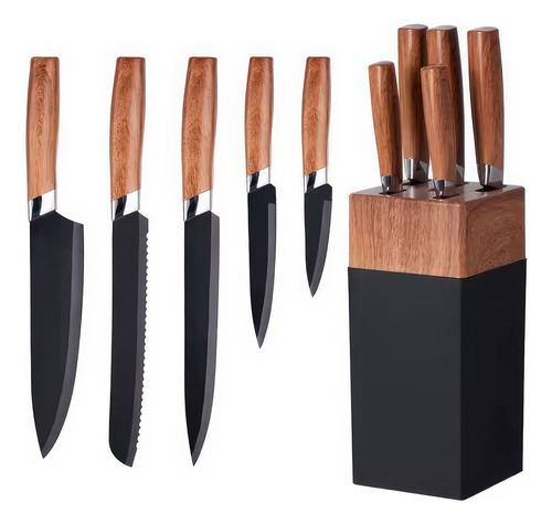 Set De 5 Cuchillos Negros C/mango De Madera + Base