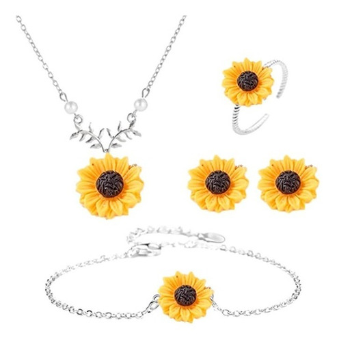 Set Girasol Collar + Aros + Pulsera + Anillo + Bolsa Regalo