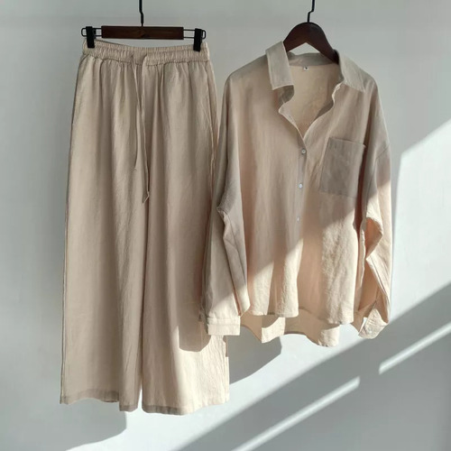 Conjunto De Camisa Y Pantalones De Algodón Y Lino Para Mujer